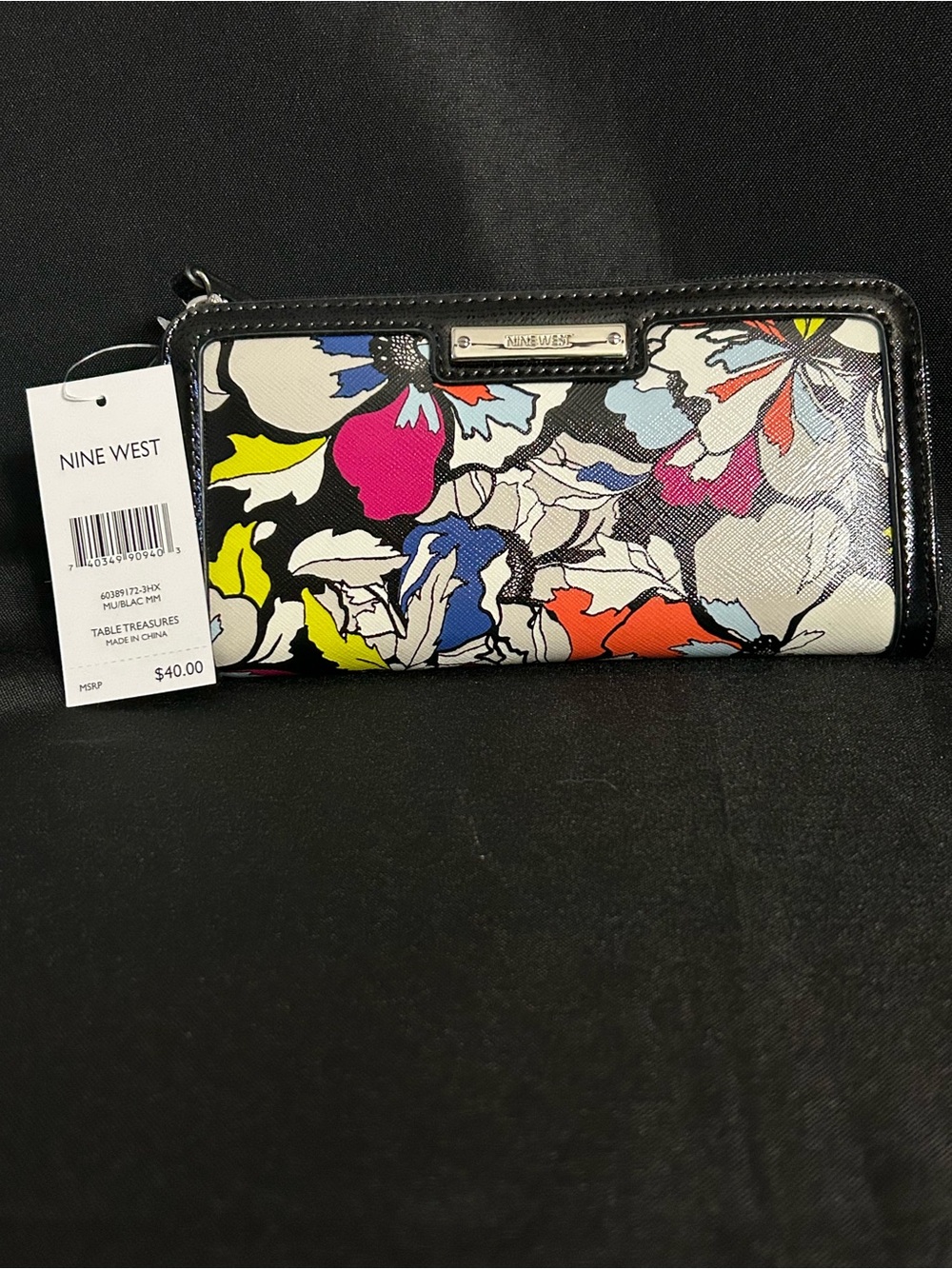 Nine West Women’s Black Floral Zip Wallet Clutch Multicolor Blooms NWT